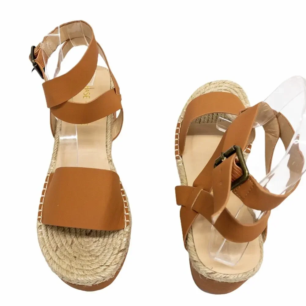 Chase + Chloe Gaston-5 Tan Nubuck Wedge Espadrille Sandals Women's 7.5
